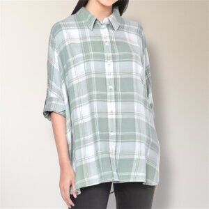New American Eagle L Green Plaid Button Up Tunic Roll Tab Sleeve Oversized‎ Top